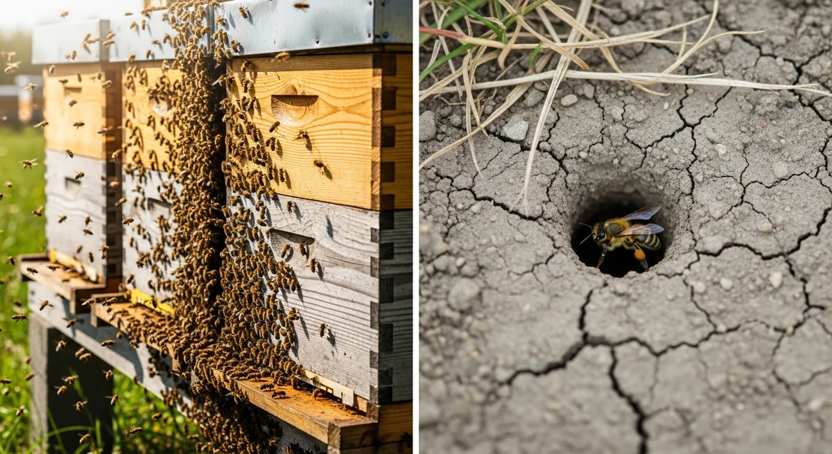 A commercial honeybee hive houses tens of thousands of managed agricultural insects, while a solitary native bee works entirely alone, building a small underground nest.