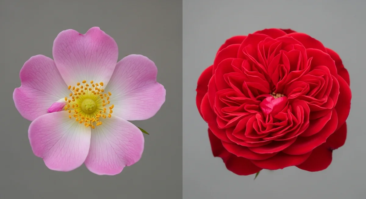 A native wild rose has open, accessible pollen in its center, whereas a highly bred ornamental rose has tightly packed extra petals that physically block bees from reaching any food.