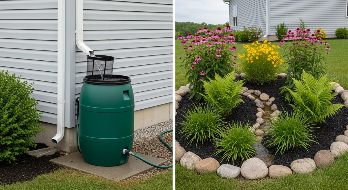 Active systems hold runoff in physical tanks, while passive systems use landscaped depressions to let water sink directly into the soil.