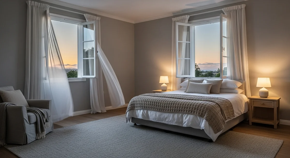 Opening windows on opposite walls creates a pressure difference that actively pulls cool evening air through the room.