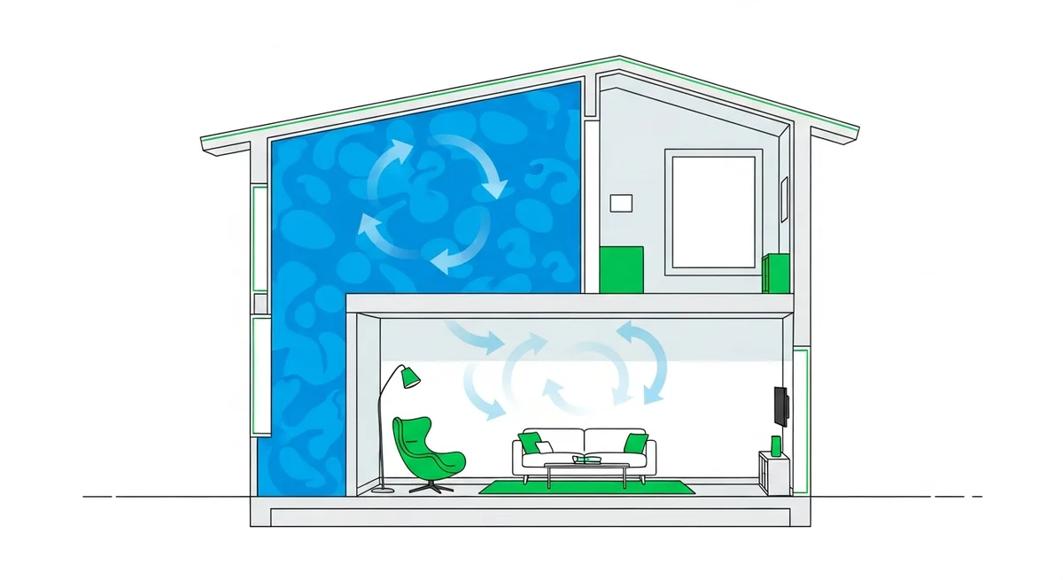 A modern insulated home traps air indoors. Arrows show how lack of natural airflow keeps emissions contained inside the living space.