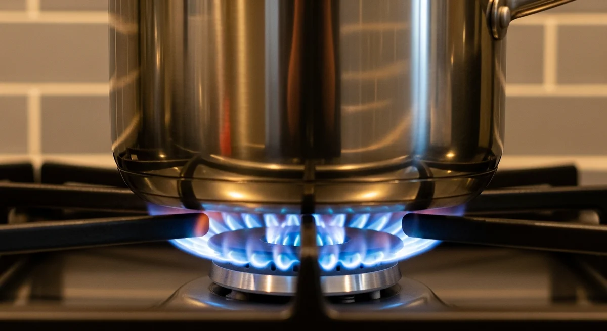 A blue gas flame heats a cooking pot. The combustion process releases invisible nitrogen dioxide directly into the kitchen air.