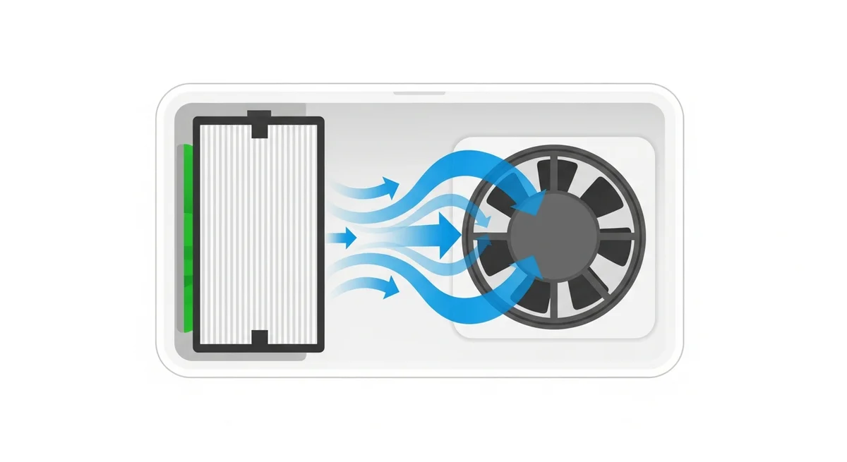 An air purifier uses a fan to physically drag contaminated air through a dense pleated HEPA filter, trapping particles inside the fibers.