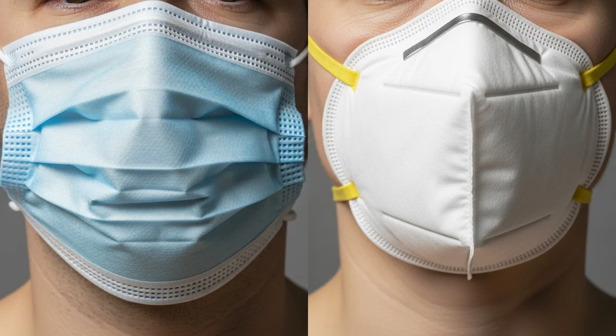 A standard surgical mask leaves gaps at the cheeks, while an N95 respirator seals tightly to the face to ensure all inhaled air passes through the filter.