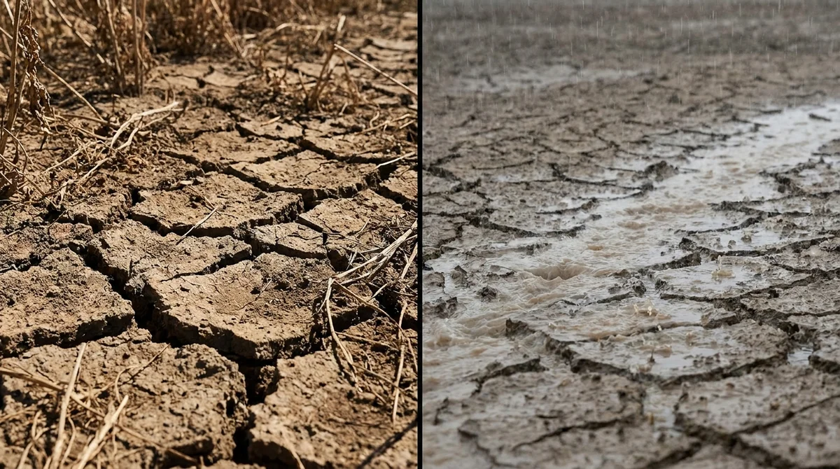A split view showing how heavy rain hitting baked, cracked earth pools and runs off the surface instead of soaking into the soil.