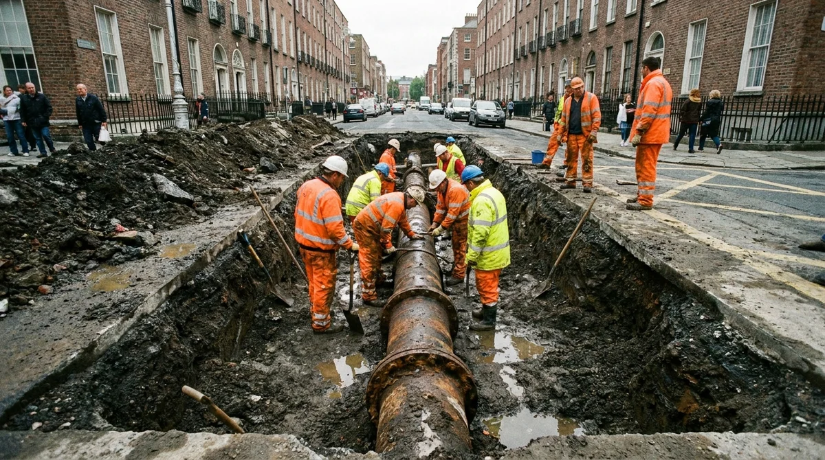 A city street trench reveals large, aging cast-iron pipes that require extensive labor to repair when they fail.