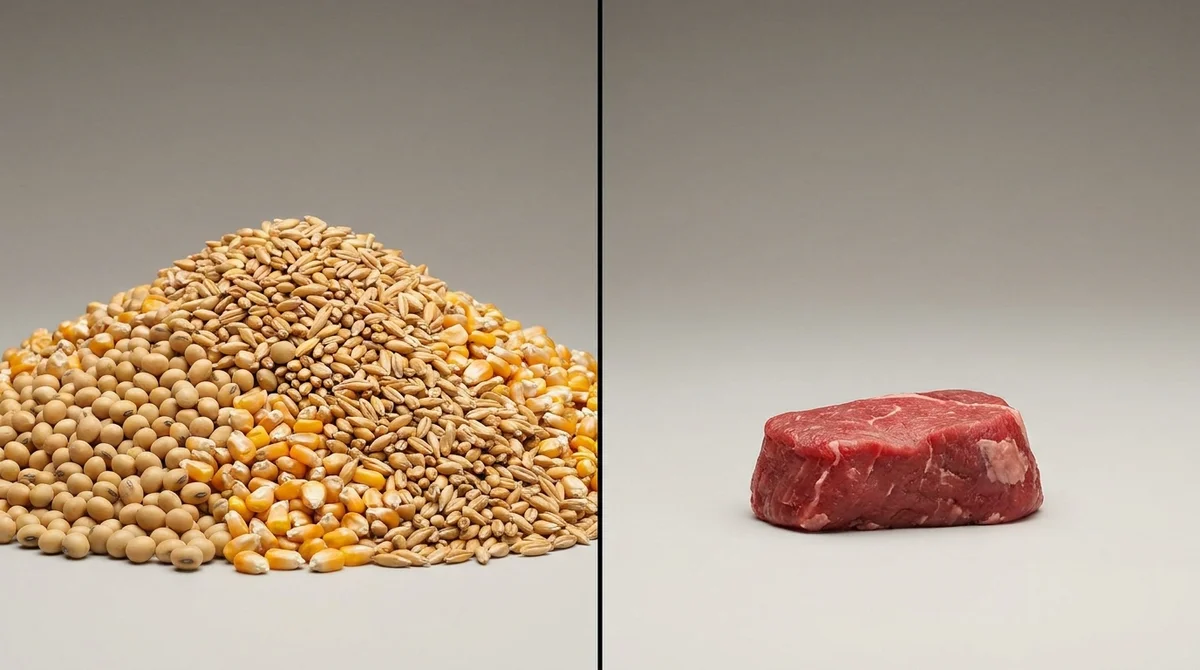 A large volume of plant feed is required to produce a small amount of meat, visualised here as a massive pile of crops next to a single steak.