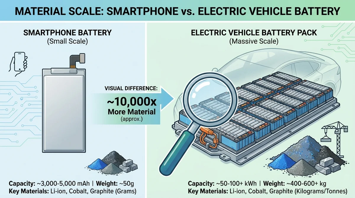 Switching from a gas-powered car to an electric vehicle scales up a household's material footprint, requiring kilograms of refined battery metals rather than grams.