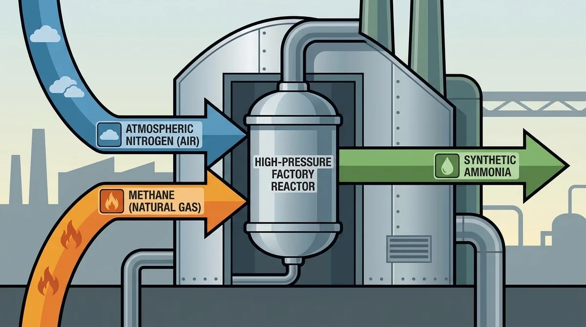 The Haber-Bosch industrial process requires two primary inputs, atmospheric air and natural gas, which are combined under extreme heat and pressure to manufacture synthetic ammonia.