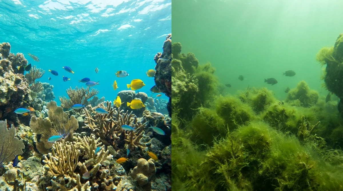 Excess nitrogen fuels massive algae blooms that block sunlight and disrupt coastal ecosystems before eventually dying and depleting the water of oxygen.