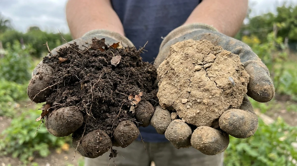 Healthy soil relies on a rich microbiome for structure and nutrients, while acidified soil loses its biological diversity and natural fertility over time.