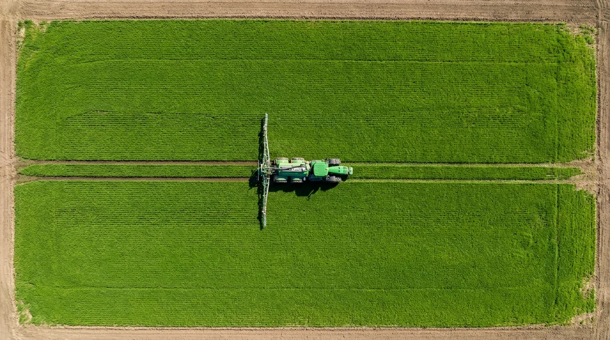 A tractor applies precise lines of fertilizer directly to crop rows, avoiding the wasted broad-spray approach of older equipment.