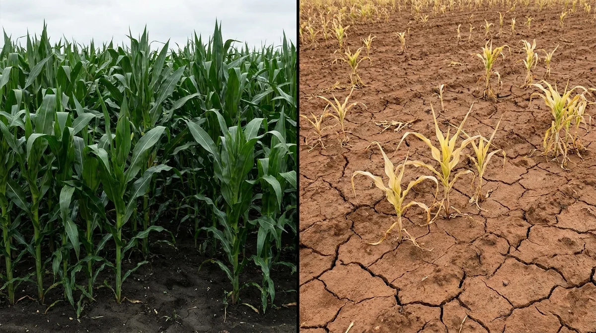 A visual contrast of nitrogen access: lush, heavy crop growth on the left versus stunted, yellowing plants suffering from nutrient depletion on the right.